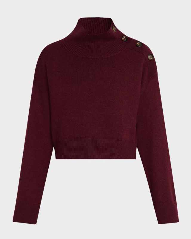 Turtleneck Button-Shoulder Cashmere Crop Sweat